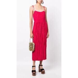 Ulla Johnson Orla Tie Shoulder Plissé Red Pleated Midi Dress 6 Small